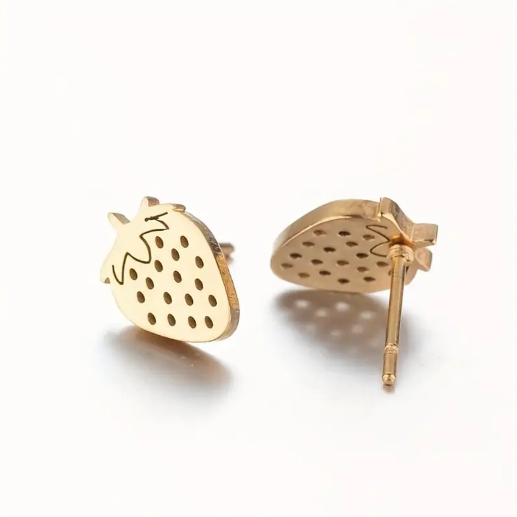 Cute Strawberry Fruit Gold Stainless Steel Small Stud Earrings New